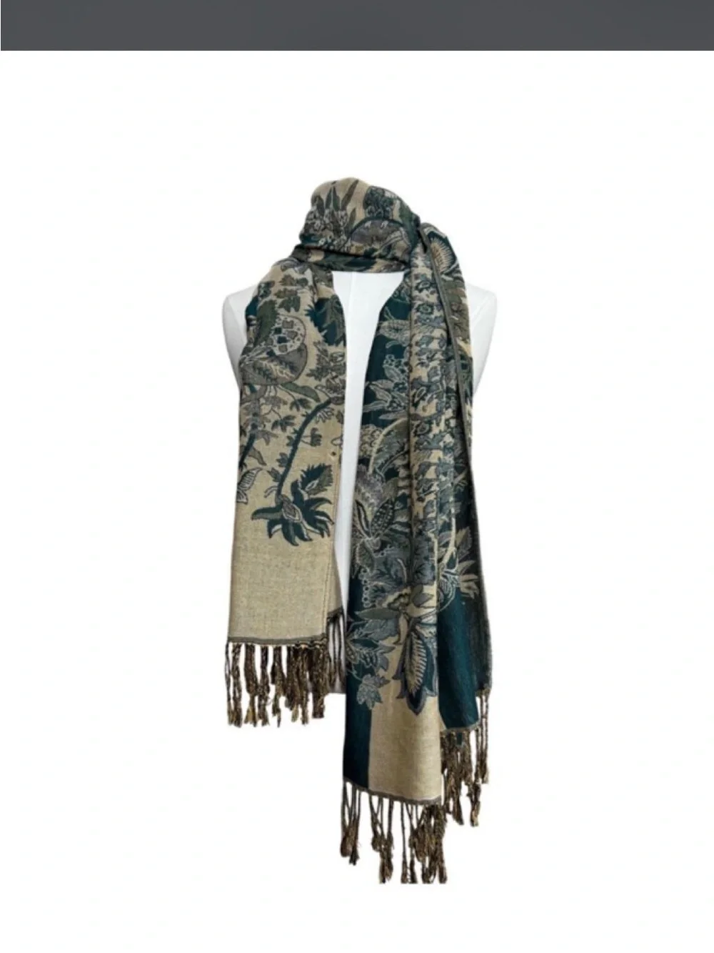 Woven Floral Fringe Wrap Coat - Teal & Cream